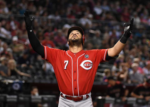 PHOENIX, ARIZONA – SEPTEMBER 15: Eugenio Suarez #7 of the Cincinnati Reds reacts after hitting a solo home run off of Zac Gallen #59 of the Arizona Diamondbacks during the fourth inning at Chase Field on September 15, 2019 in Phoenix, Arizona. (Photo by Norm Hall/Getty Images)