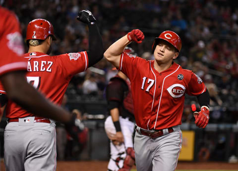 PHOENIX, ARIZONA – SEPTEMBER 15: Josh VanMeter #17 of the Cincinnati Reds celebrates with Eugenio Suarez #7 (Photo by Norm Hall/Getty Images)