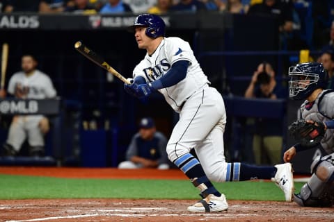 ST PETERSBURG, FLORIDA – OCTOBER 08: Avisail Garcia #24 of the Tampa Bay Rays hits a single against the Houston Astros during the sixth inning in game four of the American League Division Series at Tropicana Field on October 08, 2019 in St Petersburg, Florida. (Photo by Julio Aguilar/Getty Images)