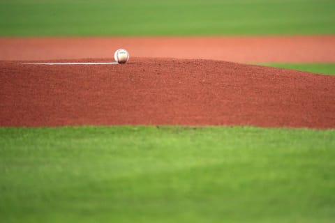 HOUSTON, TEXAS – OCTOBER 22: The game ball is left on the mound prior to Game One of the 2019 World Series between the Houston Astros and the Washington Nationals at Minute Maid Park on October 22, 2019 in Houston, Texas. (Photo by Mike Ehrmann/Getty Images)