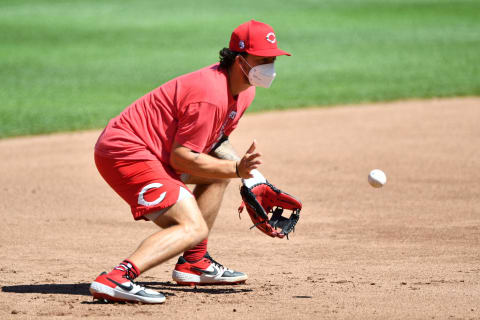 CINCINNATI, OH – JULY 10: Jonathan India #85 of the Cincinnati Reds shags ground balls during a summer workout. (Photo by Jamie Sabau/Getty Images)