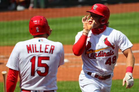 ST LOUIS, MO – AUGUST 23: Harrison Bader #48 of the St. Louis Cardinals celebrates after hitting a two-run home run against the Cincinnati Reds. (Photo by Dilip Vishwanat/Getty Images)