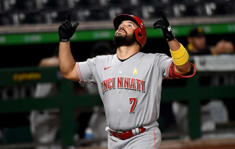 PITTSBURGH, PA – SEPTEMBER 05: Eugenio Suarez #7 of the Cincinnati Reds celebrates his third home run of the game. (Photo by Justin Berl/Getty Images)