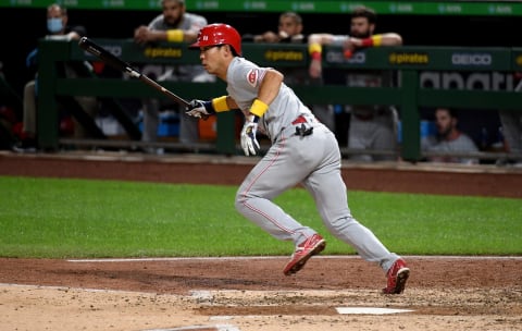 PITTSBURGH, PA – SEPTEMBER 05: Shogo Akiyama #4 of the Cincinnati Reds at bat in the fourth inning during the game. (Photo by Justin Berl/Getty Images)