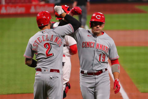 ST LOUIS, MO – SEPTEMBER 11: Joey Votto #19 of the Cincinnati Reds is congratulated by Nick Castellanos #2 of the Cincinnati Reds after hitting a two-run home run. (Photo by Dilip Vishwanat/Getty Images)