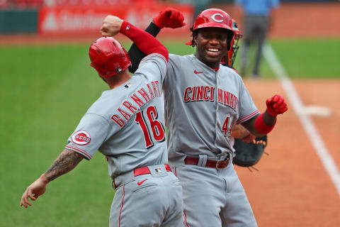 ST LOUIS, MO – SEPTEMBER 13: Aristides Aquino #44 of the Cincinnati Reds celebrates with Tucker Barnhart #16 of the Cincinnati Reds after hitting a two-run home-run. (Photo by Dilip Vishwanat/Getty Images)