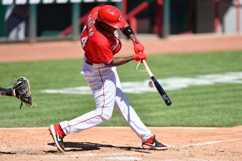 CINCINNATI, OH – SEPTEMBER 20: Aristides Aquino #44 of the Cincinnati Reds hits a fielder’s choice for an RBI. (Photo by Jamie Sabau/Getty Images)