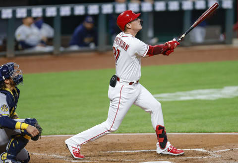 CINCINNATI, OH – SEPTEMBER 22: Tyler Stephenson #37 of the Cincinnati Reds bats during the game against the Milwaukee Brewers. (Photo by Michael Hickey/Getty Images)