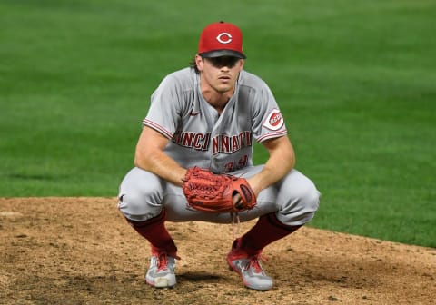 MINNEAPOLIS, MINNESOTA – SEPTEMBER 25: Lucas Sims #39 of the Cincinnati Reds reacts. (Photo by Hannah Foslien/Getty Images)