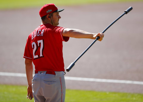 ATLANTA, GA – SEPTEMBER 30: Trevor Bauer #27 of the Cincinnati Reds warms up prior to Game One of the National League Wild Card Series . (Photo by Todd Kirkland/Getty Images)