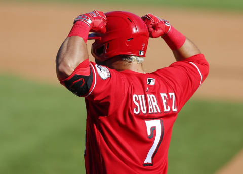 ATLANTA, GA – SEPTEMBER 30: Eugenio Suarez #7 of the Cincinnati Reds reacts after hitting a single in the thirteenth inning of Game One of the National League Wild Card Series. (Photo by Todd Kirkland/Getty Images)