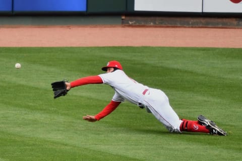 CINCINNATI, OH – APRIL 1: Nick Senzel #15 of the Cincinnati Reds makes a diving catch for an out. (Photo by Jamie Sabau/Getty Images)