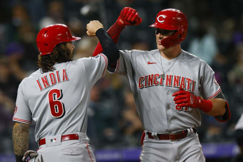 DENVER, CO – MAY 13: Tyler Stephenson #37 of the Cincinnati Reds is congratulated by Jonathan India #6 after hitting a two-run home run during the eighth inning. (Photo by Justin Edmonds/Getty Images)