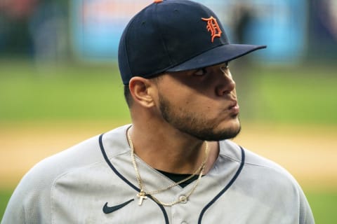 KANSAS CITY, MO – MAY 22: Joe Jimenez #77 of the Detroit Tigers comes off the field. Could the Reds swing a trade for Jimenez or another Tigers’ reliever? (Photo by Kyle Rivas/Getty Images)