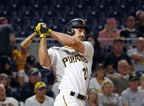 PITTSBURGH, PA – SEPTEMBER 15: Bryan Reynolds #10 of the Pittsburgh Pirates hits an RBI triple. (Photo by Justin K. Aller/Getty Images)