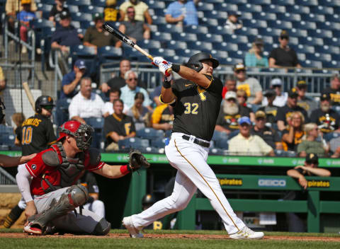 PITTSBURGH, PA – SEPTEMBER 16: Yoshi Tsutsugo #32 of the Pittsburgh Pirates bats in the eighth inning against the Cincinnati Reds. (Photo by Justin K. Aller/Getty Images)