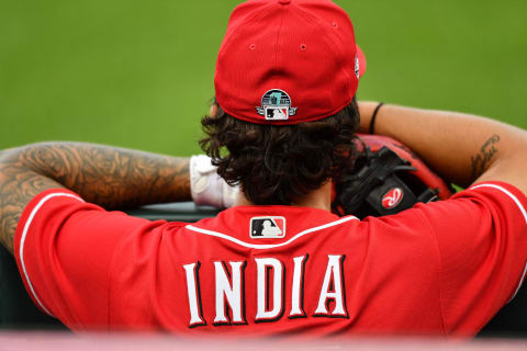 CINCINNATI, OH – JULY 10: Jonathan India #85 of the Cincinnati Reds watches from the dugout. (Photo by Jamie Sabau/Getty Images)