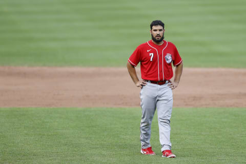 CINCINNATI, OH – JULY 18: Eugenio Suarez #7 of the Cincinnati Reds looks on during a team scrimmage (Photo by Joe Robbins/Getty Images)