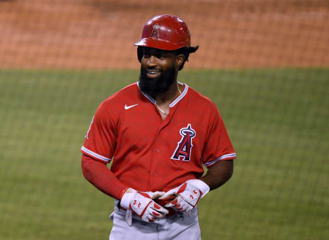 LOS ANGELES, CALIFORNIA – JULY 21: Brian Goodwin #18 of the Los Angeles Angels smiles after his home run. (Photo by Harry How/Getty Images)