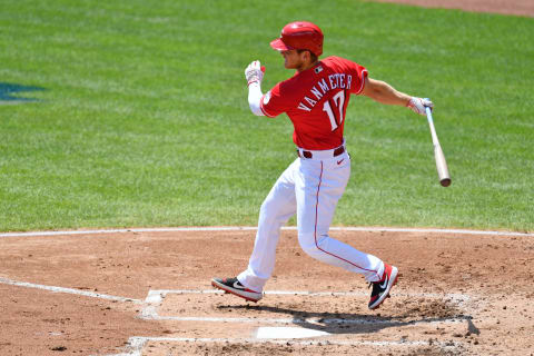 CINCINNATI, OH – JULY 26: Josh VanMeter #17 of the Cincinnati Reds bats against the Detroit Tigers. (Photo by Jamie Sabau/Getty Images)