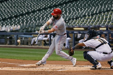 MILWAUKEE, WISCONSIN – AUGUST 08: Jesse Winker #33 of the Cincinnati Reds strikes out (Photo by Dylan Buell/Getty Images)