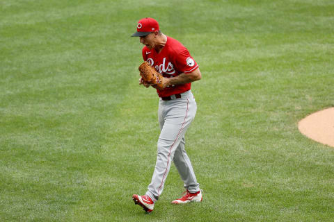 MILWAUKEE, WISCONSIN – AUGUST 09: Michael Lorenzen #21 of the Cincinnati Reds reacts after being relieved in the sixth inning (Photo by Dylan Buell/Getty Images)