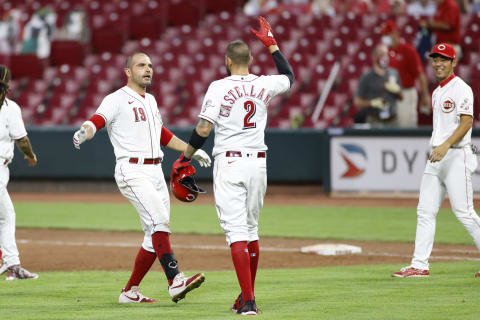 CINCINNATI, OH – AUGUST 11: Joey Votto #19 of the Cincinnati Reds celebrates with Nick Castellanos #2 after hitting the game-winning double. (Photo by Joe Robbins/Getty Images)