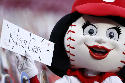 CINCINNATI, OH – AUGUST 12: Cincinnati Reds mascot Rosie Red flashes a Kiss Cam sign. (Photo by Joe Robbins/Getty Images)