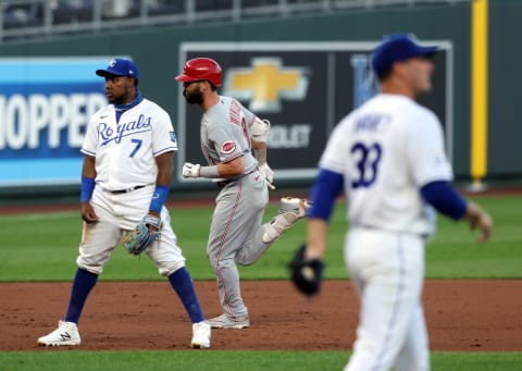 KANSAS CITY, MISSOURI – AUGUST 19: Jesse Winker #33 of the Cincinnati Reds rounds the bases after hitting a two-run home run. (Photo by Jamie Squire/Getty Images)