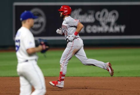 KANSAS CITY, MISSOURI – AUGUST 19: Curt Casali #12 of the Cincinnati Reds rounds the bases after hitting home run. (Photo by Jamie Squire/Getty Images)