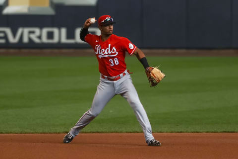 MILWAUKEE, WISCONSIN – AUGUST 27: Jose Garcia #38 of the Cincinnati Reds throws to first base. (Photo by Dylan Buell/Getty Images)