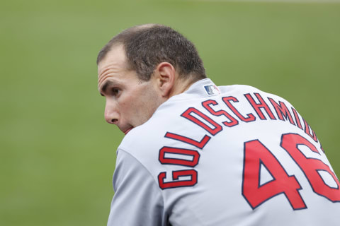 CINCINNATI, OH – SEPTEMBER 02: Paul Goldschmidt #46 of the St Louis Cardinals looks on against the Cincinnati Reds. (Photo by Joe Robbins/Getty Images)