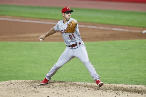 CLEVELAND, OH – AUGUST 05: Michael Lorenzen #21 of the Cincinnati Reds pitches against the Cleveland Indians. (Photo by Ron Schwane/Getty Images)