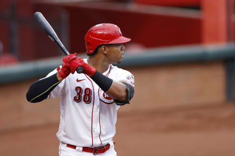 CINCINNATI, OH – SEPTEMBER 01: Jose Garcia #38 of the Cincinnati Reds looks on while waiting to bat. (Photo by Joe Robbins/Getty Images)