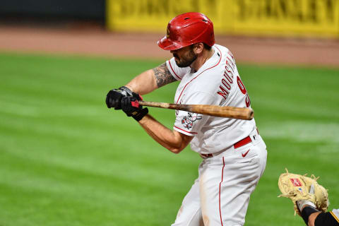 CINCINNATI, OH – SEPTEMBER 14: Mike Moustakas #9 of the Cincinnati Reds bats. (Photo by Jamie Sabau/Getty Images)