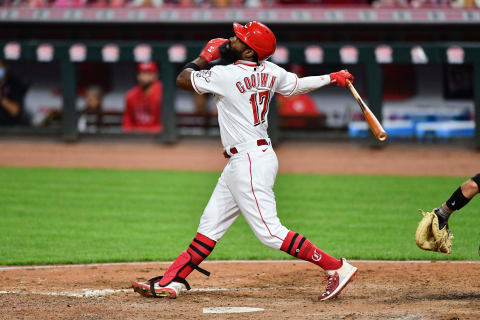 CINCINNATI, OH – SEPTEMBER 14: Brian Goodwin #17 of the Cincinnati Reds bats against the Pittsburgh Pirates. (Photo by Jamie Sabau/Getty Images)
