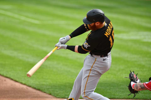 CINCINNATI, OH – SEPTEMBER 14: Colin Moran #19 of the Pittsburgh Pirates bats against the Cincinnati Reds during game one of a doubleheader. (Photo by Jamie Sabau/Getty Images)