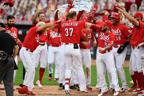 CINCINNATI, OH – SEPTEMBER 14: Tyler Stephenson #37 of the Cincinnati Reds celebrates a walk off home run with the rest of the team. (Photo by Jamie Sabau/Getty Images)