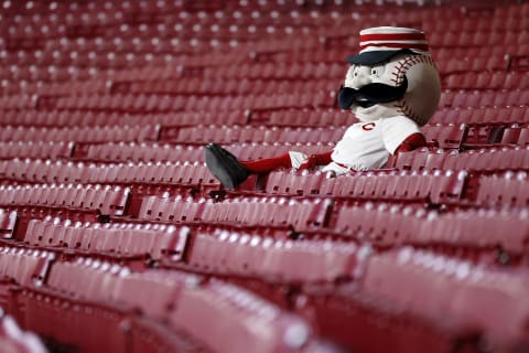 CINCINNATI, OH – SEPTEMBER 21: Cincinnati Reds mascot Mr. Redlegs watches the game from the stands. (Photo by Joe Robbins/Getty Images)