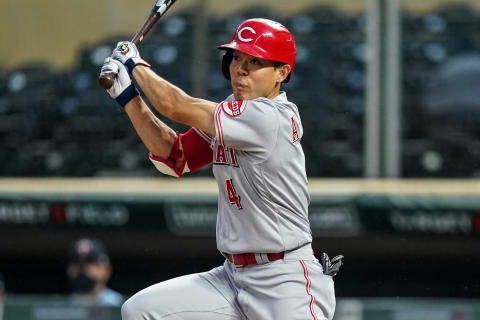 MINNEAPOLIS, MN – SEPTEMBER 26: Shogo Akiyama #4 of the Cincinnati Reds bats. (Photo by Brace Hemmelgarn/Minnesota Twins/Getty Images)