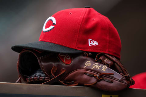 MINNEAPOLIS, MN – SEPTEMBER 27: A detail view of a Cincinnati Reds red and glove against the Minnesota Twins. (Photo by Brace Hemmelgarn/Minnesota Twins/Getty Images) *** Local Caption ***