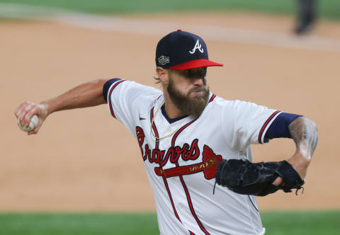 ARLINGTON, TEXAS – OCTOBER 15: Shane Greene #19 of the Atlanta Braves delivers the pitch. (Photo by Ronald Martinez/Getty Images)