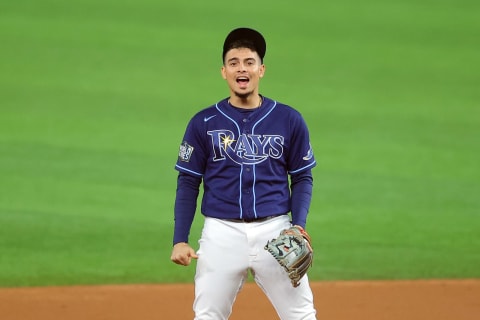 ARLINGTON, TEXAS – OCTOBER 24: Willy Adames #1 of the Tampa Bay Rays reacts. (Photo by Ronald Martinez/Getty Images)