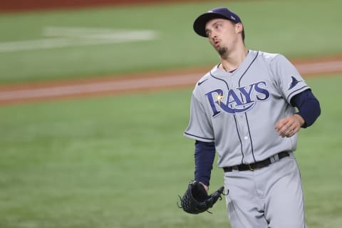 ARLINGTON, TEXAS – OCTOBER 27: Blake Snell #4 of the Tampa Bay Rays reacts during the fifth inning. (Photo by Tom Pennington/Getty Images)