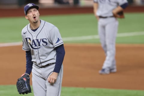 ARLINGTON, TEXAS – OCTOBER 27: Blake Snell #4 of the Tampa Bay Rays reacts as he is being taken out of the game. (Photo by Tom Pennington/Getty Images)