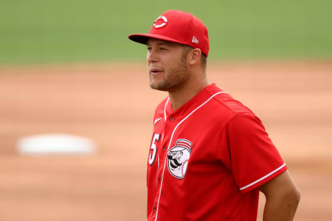 GLENDALE, ARIZONA – MARCH 25: Nick Senzel #15 of the Cincinnati Reds looks on before the MLB spring training game. (Photo by Abbie Parr/Getty Images)