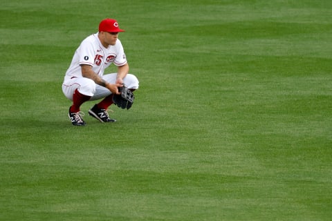 CINCINNATI, OHIO – APRIL 05: Nick Senzel #15 of the Cincinnati Reds waits for the ball. (Photo by Kirk Irwin/Getty Images)