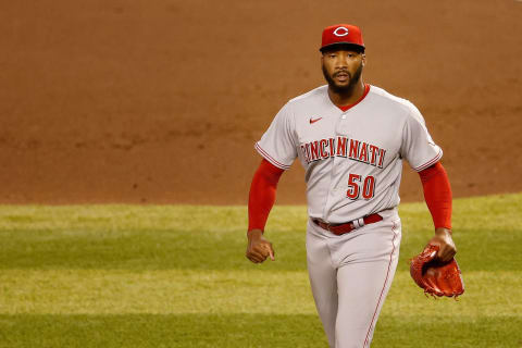 PHOENIX, ARIZONA – APRIL 09: Relief pitcher Amir Garrett #50 of the Cincinnati Reds reacts after defeating the Arizona Diamondbacks. (Photo by Christian Petersen/Getty Images)