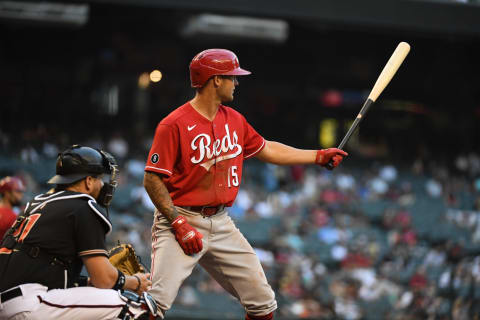 PHOENIX, ARIZONA – APRIL 10: Nick Senzel #15 of the Cincinnati Reds gets ready in the batters box. (Photo by Norm Hall/Getty Images)