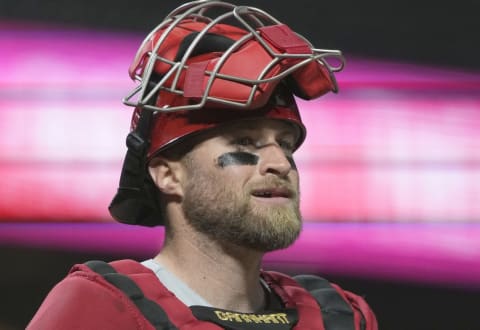 SAN FRANCISCO, CALIFORNIA – APRIL 13: Tucker Barnhart #16 of the Cincinnati Reds looks on. (Photo by Thearon W. Henderson/Getty Images)